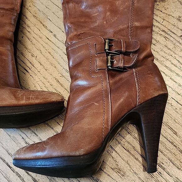Tan Leather 4 inch heels boots River Island size 38 or 7 - Picture 4 of 13